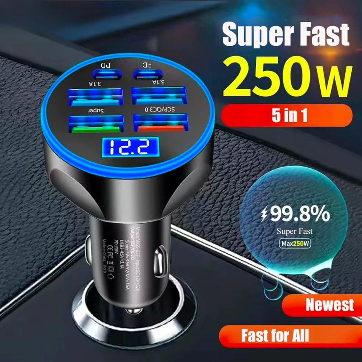 

Многопортовый автомобильный зарядный адаптер USB C с дисплеем напряжения PD 30 Вт, сверхбыстрая зарядка 6 в 1 для MacBook iPhone Samsung