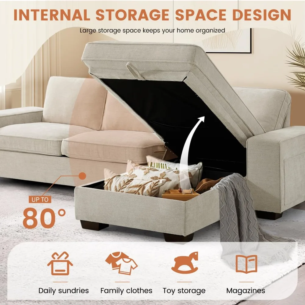 Sofá secional conversível, sofá em forma de L, sofá reversível multifuncional com USB