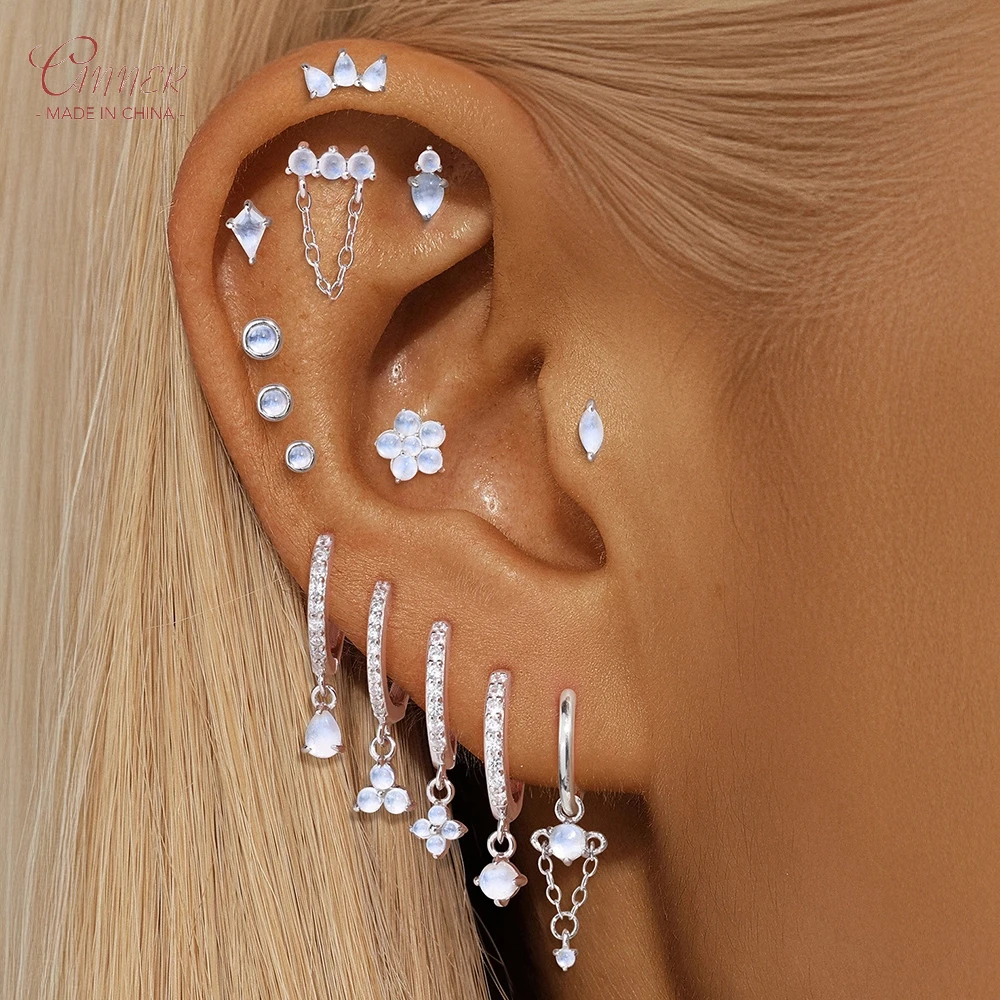 

CANNER 1PC S925 Silver Natural Moonstone Flat Head Thread Puncture Earring Stud Earring For Women Flower Piercing Ins Jewelry