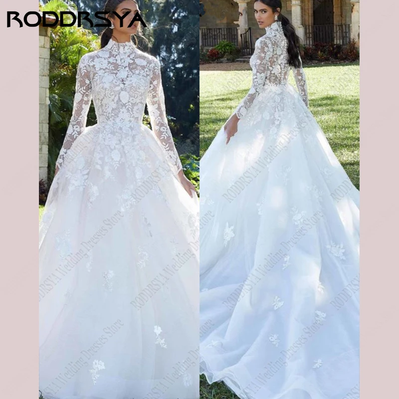 RODDRSYA gaun pernikahan mewah gaun pengantin renda bunga gaun pengantin lengan panjang tipis leher tinggi Bodice Vestido De Novia Tulle Sweep kereta api