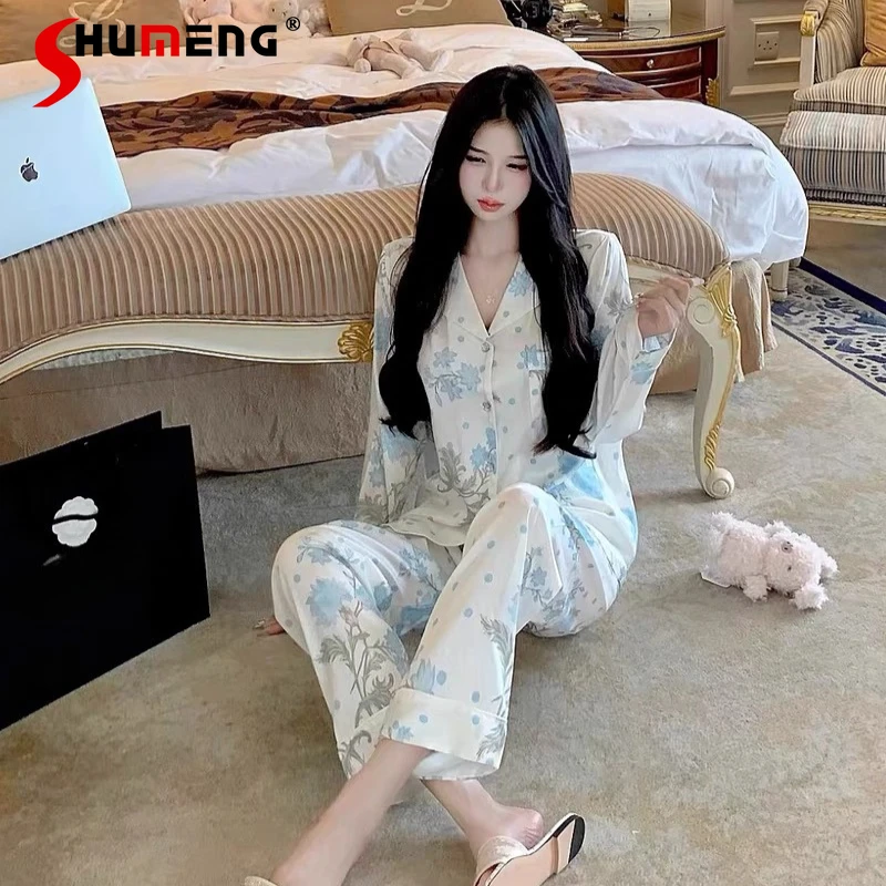 

Роскошные пижамы из ледяного шелка с цветочным принтом и длинными рукавами, женские элитные модные комплекты домашней одежды, женские весенне-осенние домашние костюмы для сна