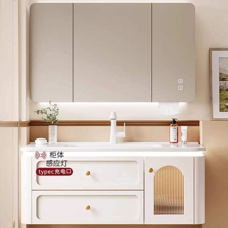 

French bathroom cabinet ceramic integrated basin wash basin cabinet combination cream wind wash basin