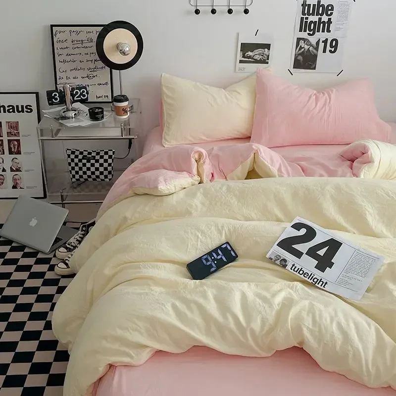 Korean INS Cream Style Pink Bedding Linen Solid Color Soft Bed Flat Sheet Pillowcase Adults Girls Washed Cotton Duvet Cover Set