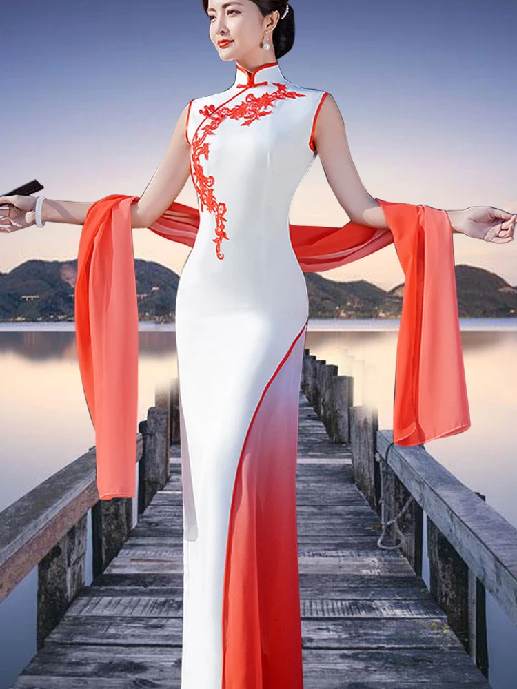 

Ele Long Two-Piece Set plus Size Slimming High-Quali Performance Costume Audrey Dr Retro Sle Embroidered