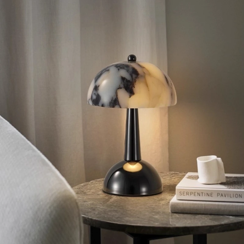 Italian Electroplating Black Wrought Iron LED Table Lamp Marble Lampshade Moden Living Room Bedroom Restaurant Office Desk Light