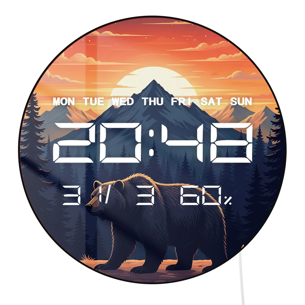 Mountains Pine Trees Bear Auto Dimming LED Digital Wall Clock Nature Landscape Home Decor 12/24hour Timer Electronic Wall Clock