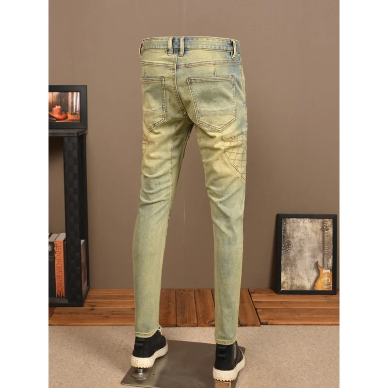 New Men'S Jeans Retro Splicing Fashion Brand Stretch Men'S Pants Slim Straight Leg Nostalgia Blue Biker Denim Pants