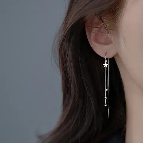 여름 새로운 925 스털링 실버 스타 귀걸이 긴 술 라운드 구슬 귀걸이 여성 패션 쥬얼리 파티 선물