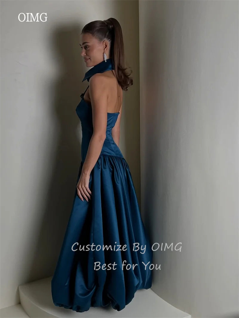 Oimg azul real halter uma linha vestidos de baile cetim sem costas vestido de festa até o chão vestido de noite vestidos de gala personalizado