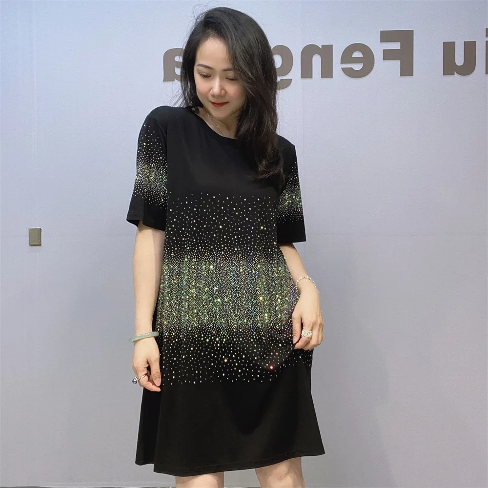 2024 Summer New Black Dress for Women Rhinestone Short Sleeve T-shirt Dress Loose Round Neck Pullover Mid-Length Dresses Female