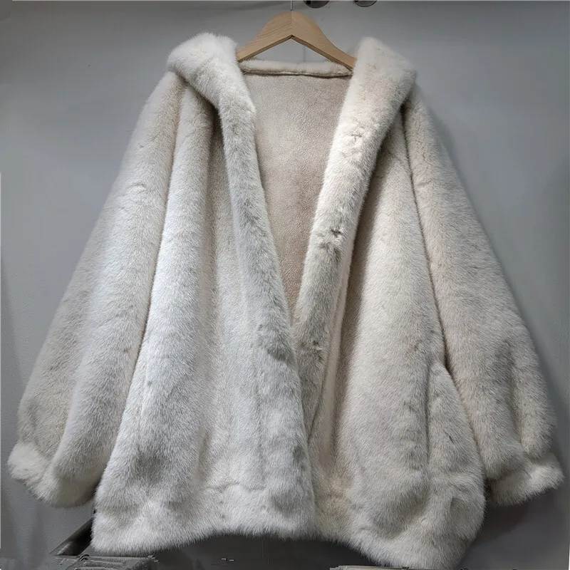 WTHT 패션 여성용 단색 인조 모피 따뜻한 코트 2025 겨울 트렌디 후드 긴 소매 재킷 여성용 1LS2696