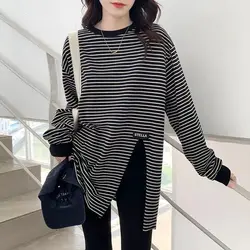 Spring Autumn Striped Loose Split Hem T Shirt Tops Long Sleeve O-Neck All-match Vintage Pullovers Casual Fashion Women Clothing