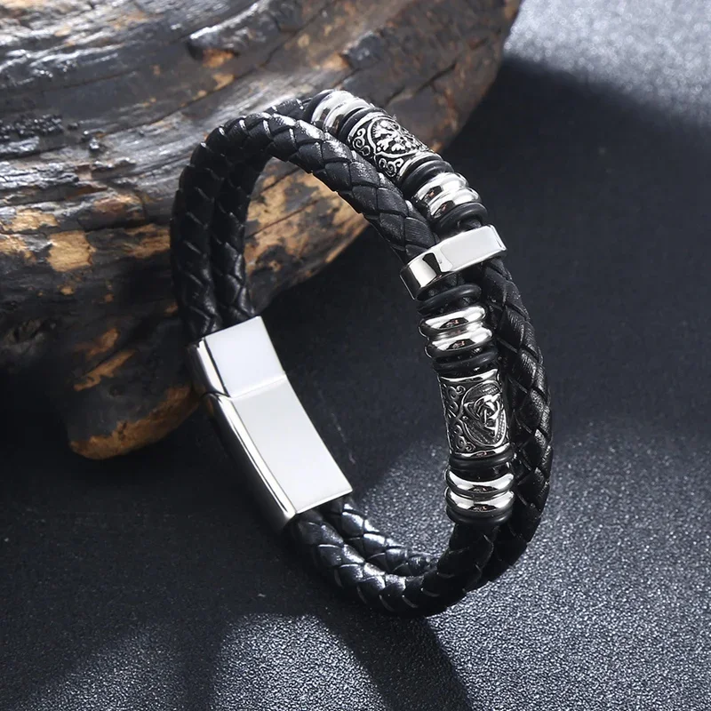 

Punk Men Vikings Style Genuine Leather Bracelet Braided Multilayer Stainless Steel Norse Runes Bead Bangles Male Jewelry SP1489