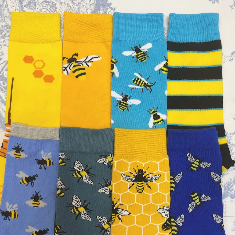 Adult Crew Unisex Cartoon Funny Buzzy Bee Socks Wasp Hornet Bumblebee Honeybee Stripes Honeycomb Hive Nature Insect Fashion Sox