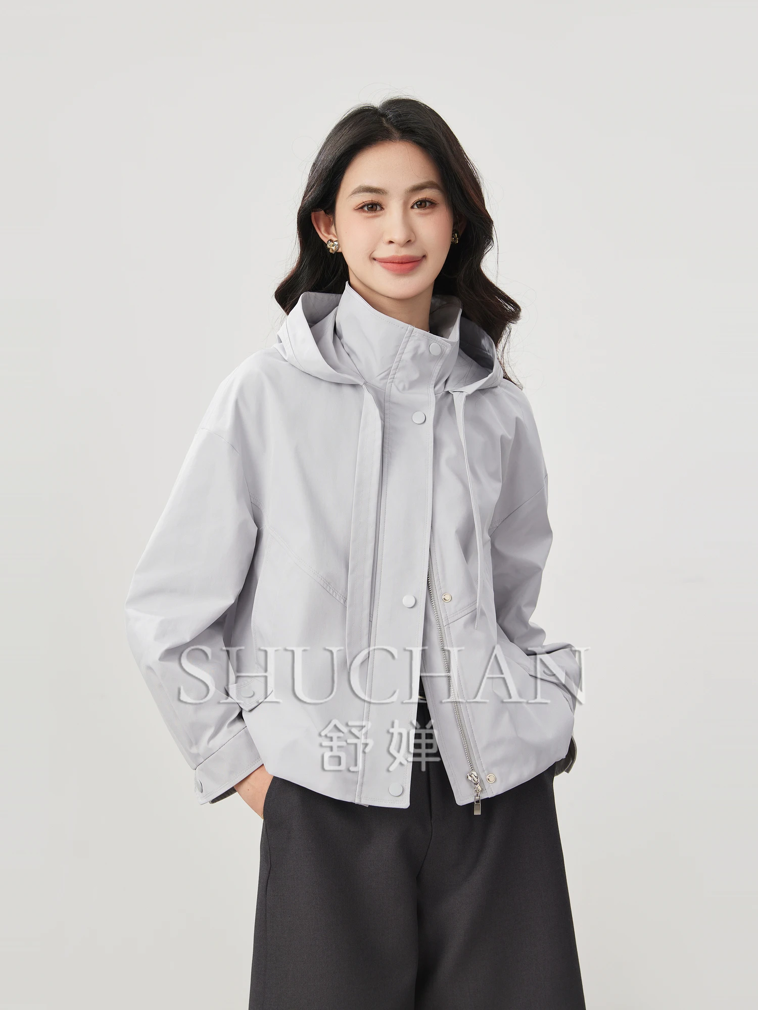 Adjustable Hem, Stand-up Collar Drawstring Hooded Short Jacket 25 Spring Abrigos Mujer Invierno Casaco Feminino