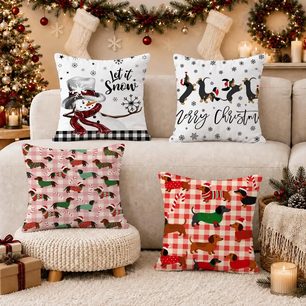 Hristmas Dachshund Checkered Cushion Cover Soft Short Plush Double-Sided Printing Home Decor Festival Party Pillow Case Gift