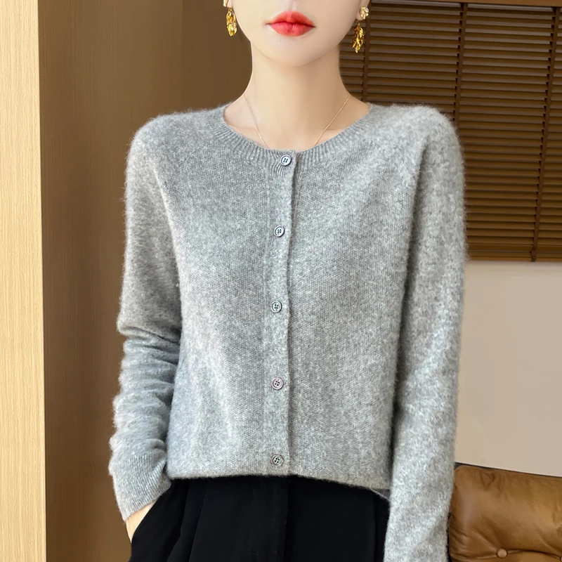 2024 Autumn/Winter Merino Wool Crewneck Cardigan Women's Knitted Top Fashion Solid Color Basic Sweater Cardigan