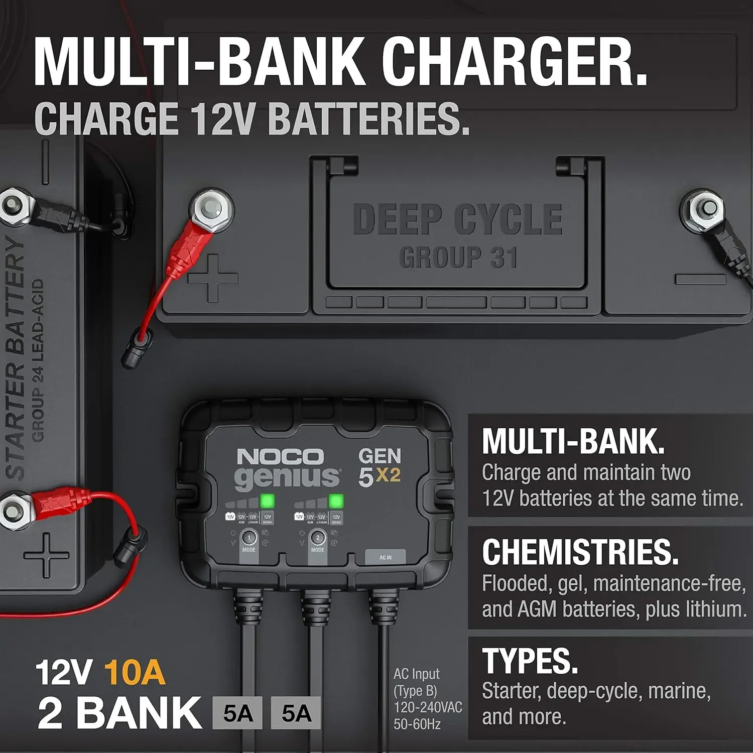 Genius GEN5X2, 2-Bank, 10A (5A/Bank) Smart Marine Battery Charger, 12V Waterproof Onboard Boat Charger, Battery Maintainer