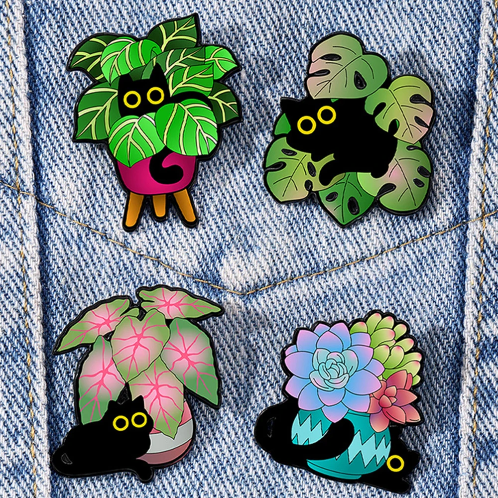 Potted Plant Black Cat Enamel Pins Green Leaves Monstera Caladium Succulent Cartoon Animal Brooches Funny Accessory Jewelry Gift