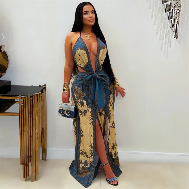 

Sexy Halter Deep V-neck Print Rompers for Woman Outfits Vacation Sleeveless Backless Lace-up Bow Loose Split Wide Leg Jumpsuit