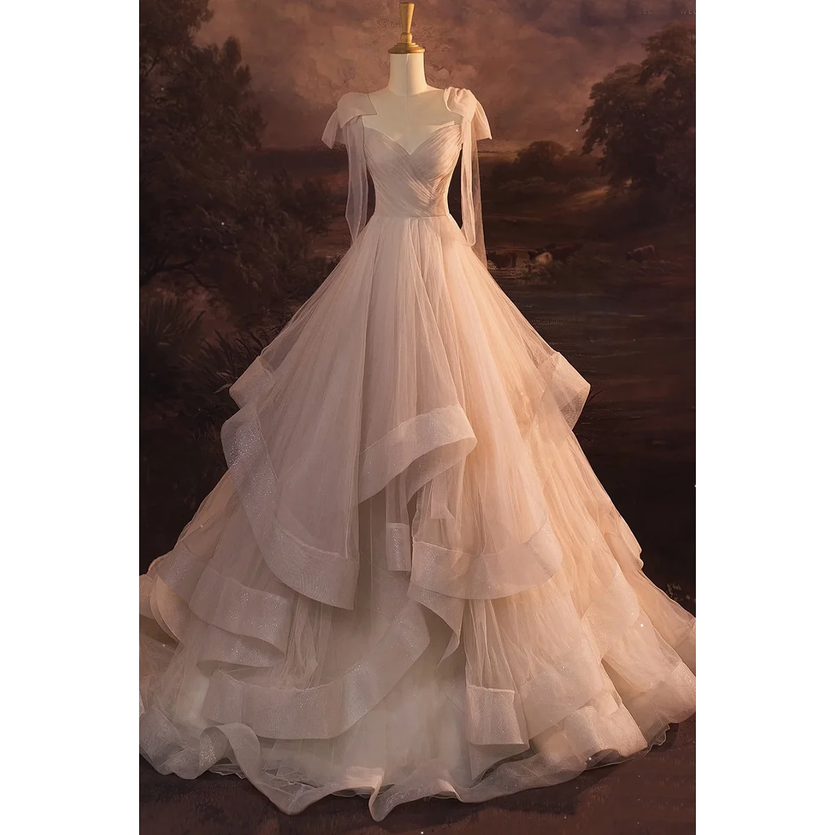 Robe de Bal de Luxe Rose Nude avec Ruban, Col en V, à Volants, en Fibre Plissée, Ligne A, lèvent en Tulle, ixde Mariage, Célébrité, Quelle que soit la Nouvelle