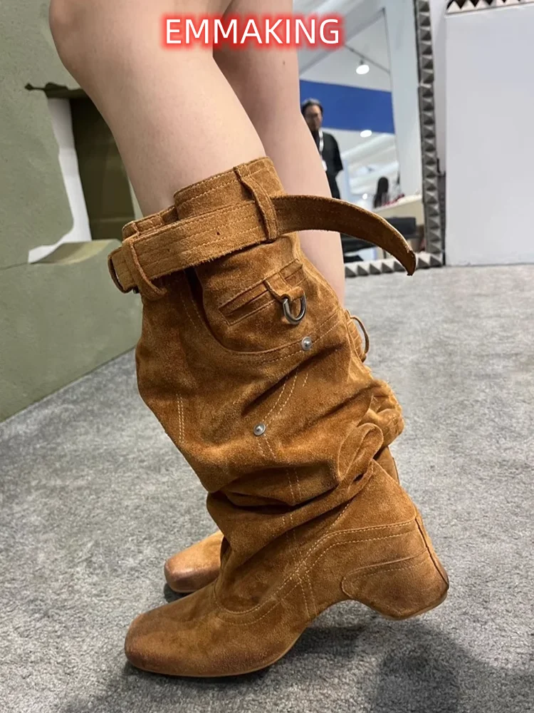 Vintage Large Tube Western Cowboy Boots Two Wear Pleated Strange Style Heel Knee-High Boots Square Head Thick Heel Knight Boots