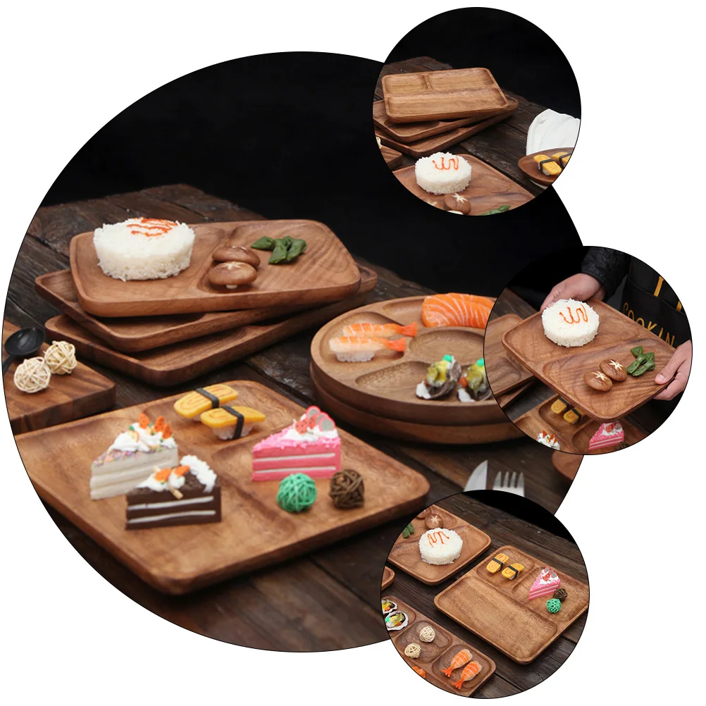

1pc Wooden Divided Dining Plate Household Tableware Food Plate For Home Hotel Restaurant Luncheon Set Portion Control Easy