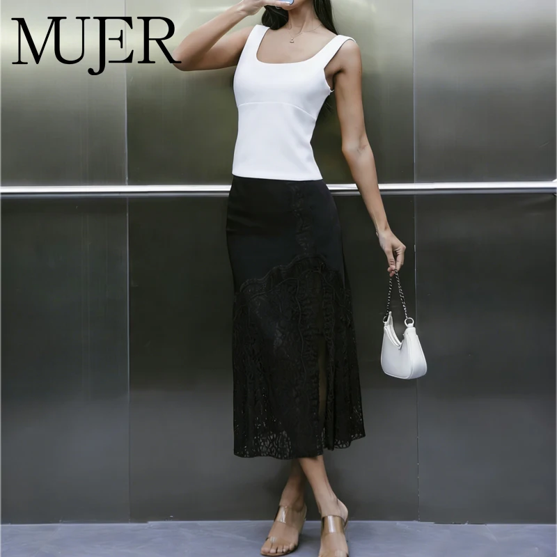 MUJER Satin Lace Long Skirts for Women Evening Midi Women's Skirt Cylinder Sexy High Waist Women Skirt Night Club Skirt Woman