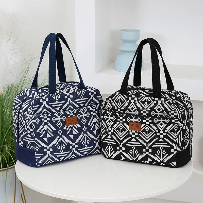 Large Capacity Thick Jacquard Cloth Tote Bag, Aluminum Foil Insulation Layer Bento Bag, Portable Lunch Box Storage Bag for Work