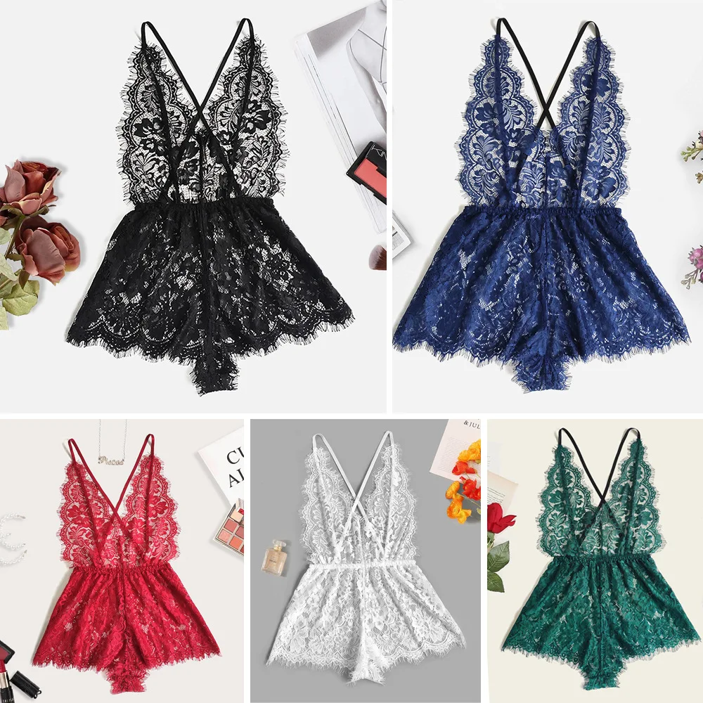 

Sexy One-Piece Pajamas with Lace And Suspender Skirt Erotic Lingerie V-Neck Short Sleeve Summer Home Clothes for Women