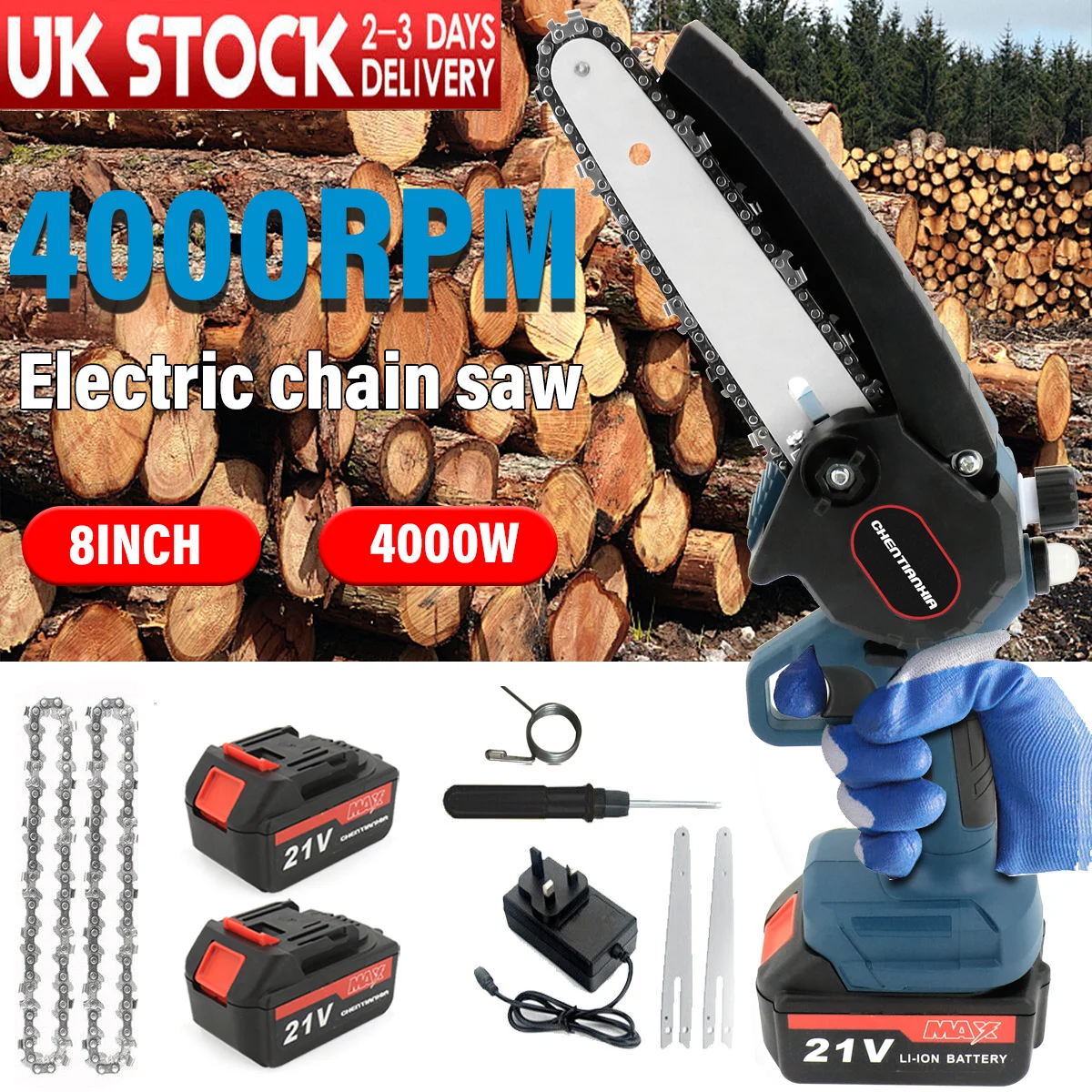 8inch 4000W Mini Chainsaw Cordless Handheld Electric Chainsaw with 2 Battery