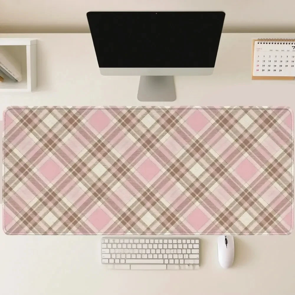 Soft Pink and Brown Tones English-Style Plaid Desktop Mat, Large Flat Gaming Desk Mat with Decorative Mouse Pad