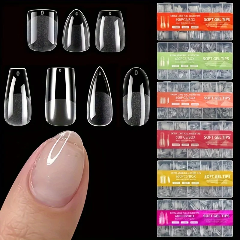 600Pcs Nail Tips Short Almond Shaped Half Matte Clear Acrylic False Nail Tips for Nail Extension Manicure Tools