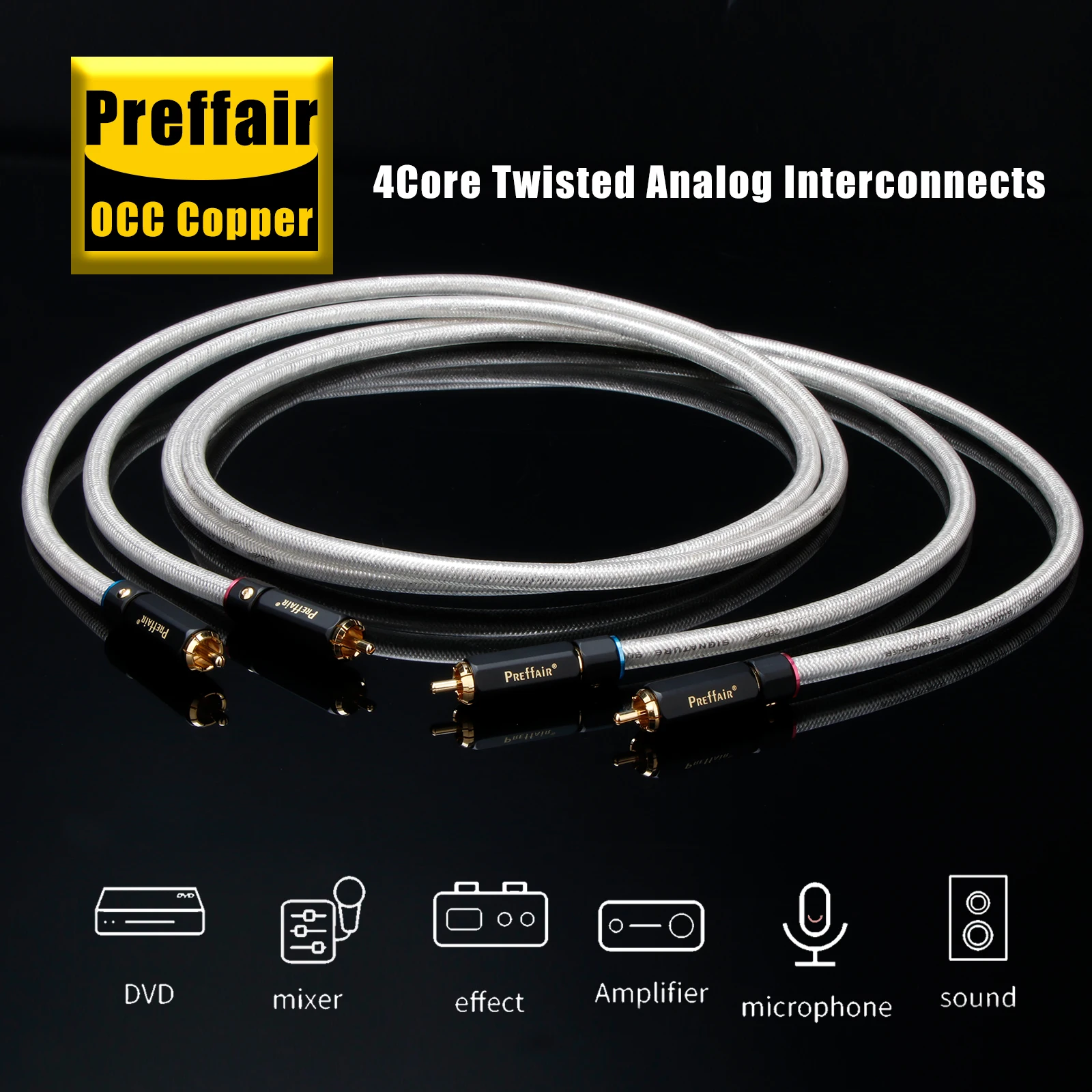 

Preffair hifi rca cable 4 core OCC Copper silver plated rca analog audio signal wire self locking gold plated rca connector