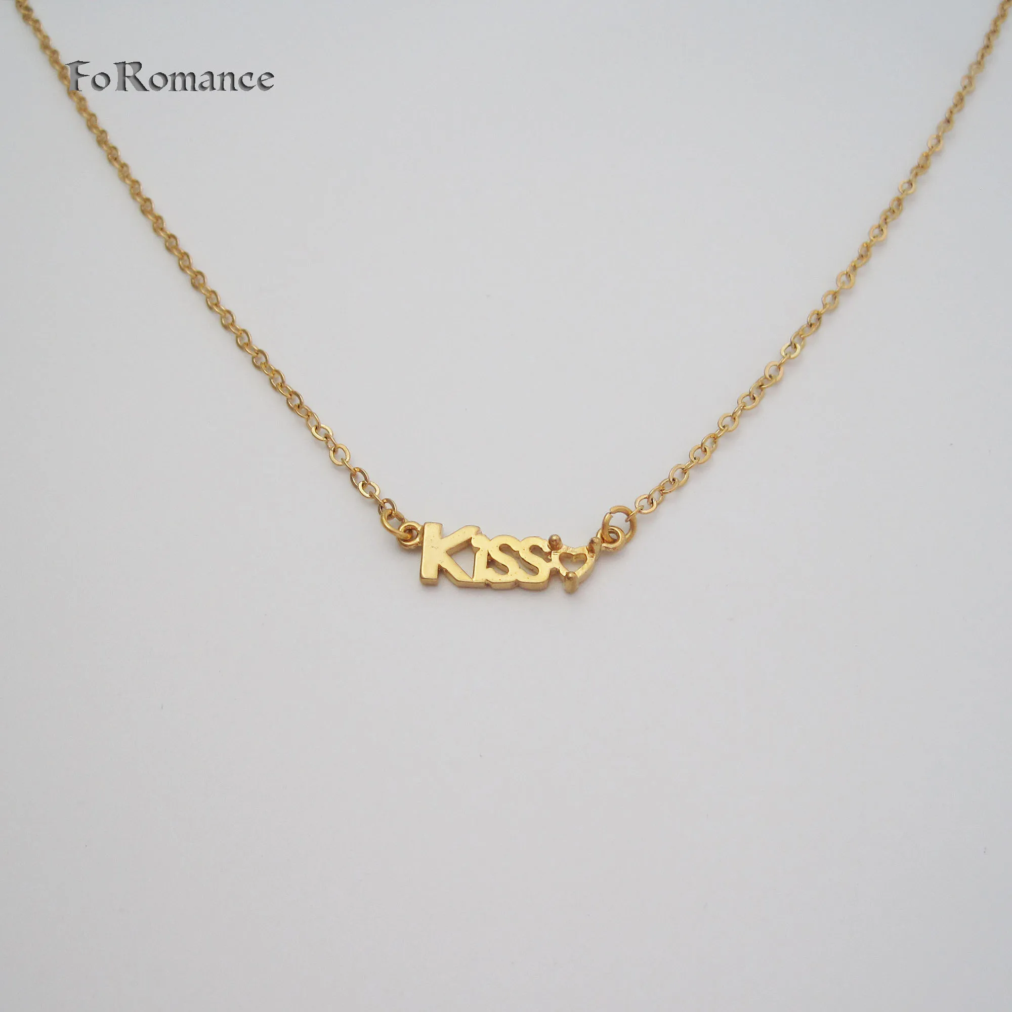 YELLOW GOLD PLATED 20 INCH CUTE KISS WORD SMALL HEART LINKED CHAIN NECKLACE PLAIN SURFACE GREAT GIFT