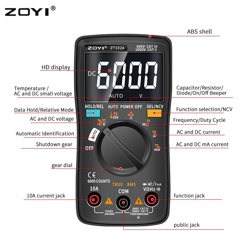 

ZOYI 102A Digital Multimeter 6000 Counts Electrical Meter Transistor Tester Auto Rang AC/DC Voltage Process Calibrator
