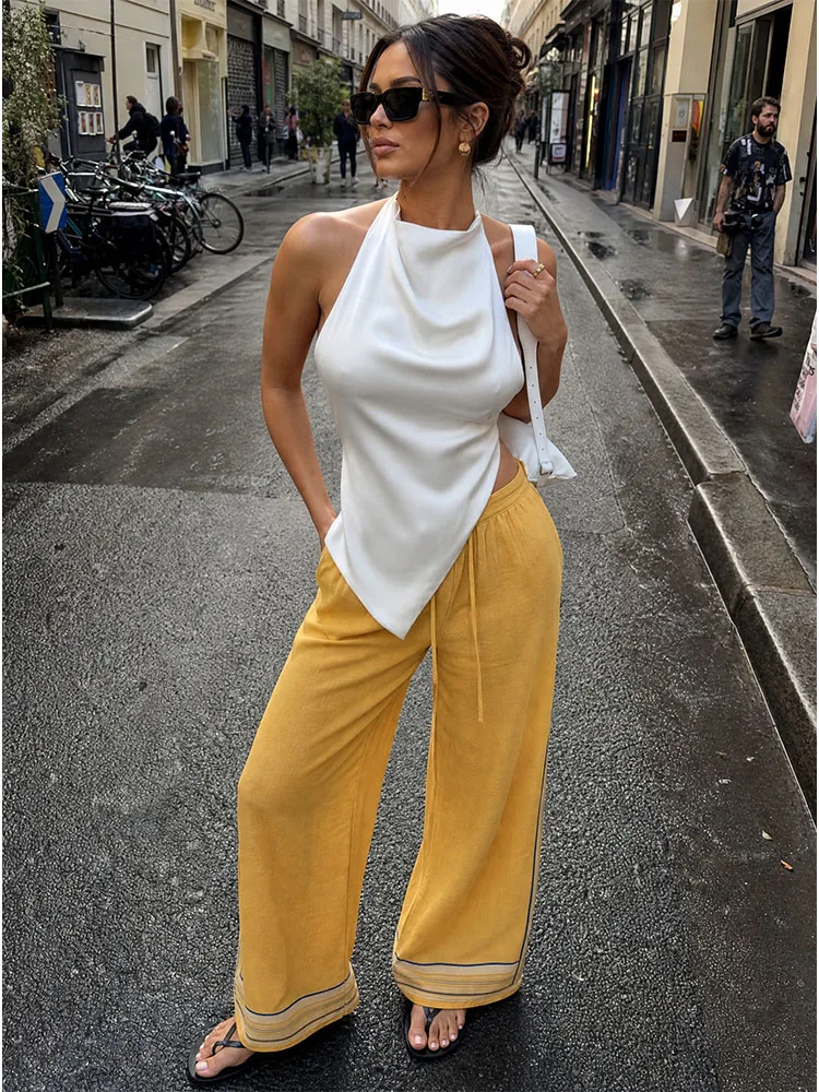 HH Women Summer Spring Vintage Romantic White Polka Dot Tube Top Spring Mustard Drawstring Wide Leg Pants Co Ord Lightweight Set
