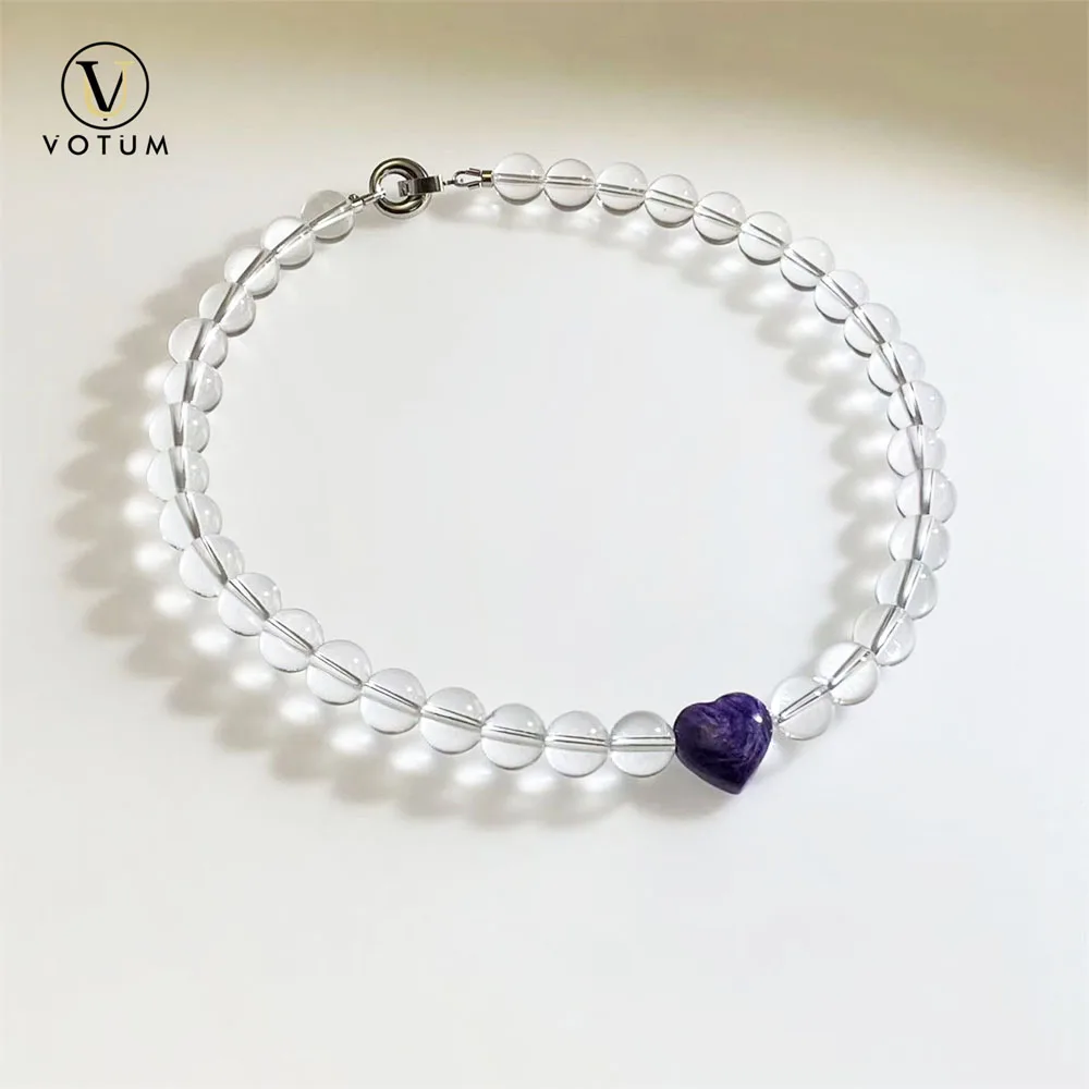 Votum Natural White Crystal Clear Quartz Heart Shape Charite Short Chokers Necklace for Women Lady Chakra Healing EnergJewelry