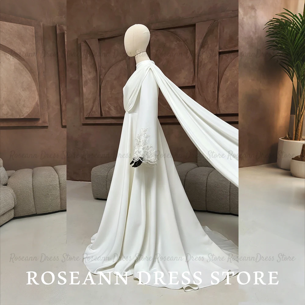 Roseann Wedding Dress Modest Muslim Cape Lace Bell Sleeves Train Islamic Full Coverage Bride Dress vestido de novia Customized