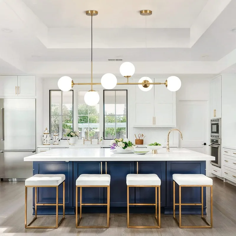

Lighting Modern Globe Linear Chandeliers 6 Light Milk Glass Ceiling Pendant Lights LED Fixture Mid Century Sputnik Island Lights