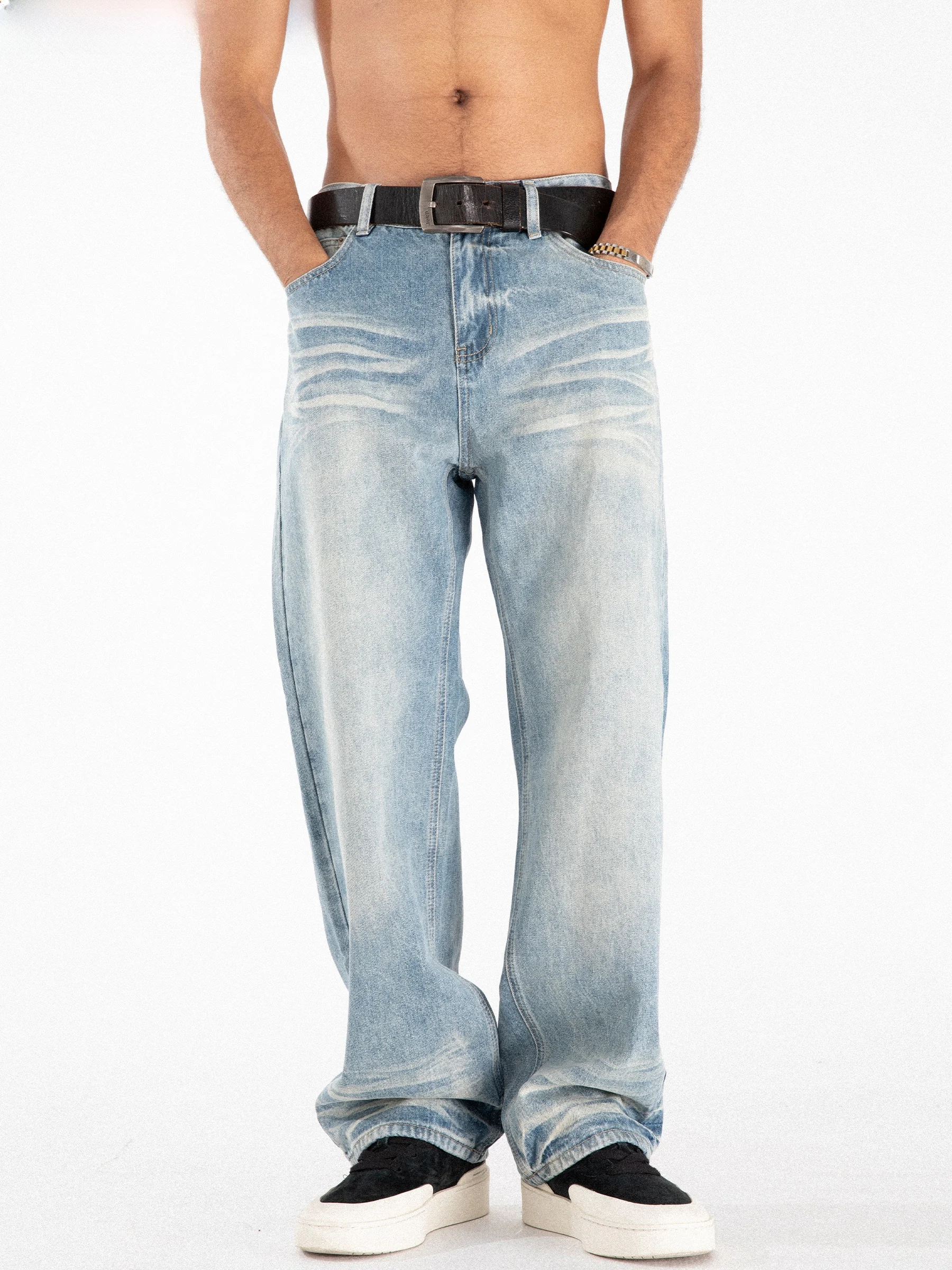 American Street Style Loose Fit Bleached Washed Gradient Blue Jeans Men's Autumn Winter Trendy Straight Leg Denim Pants