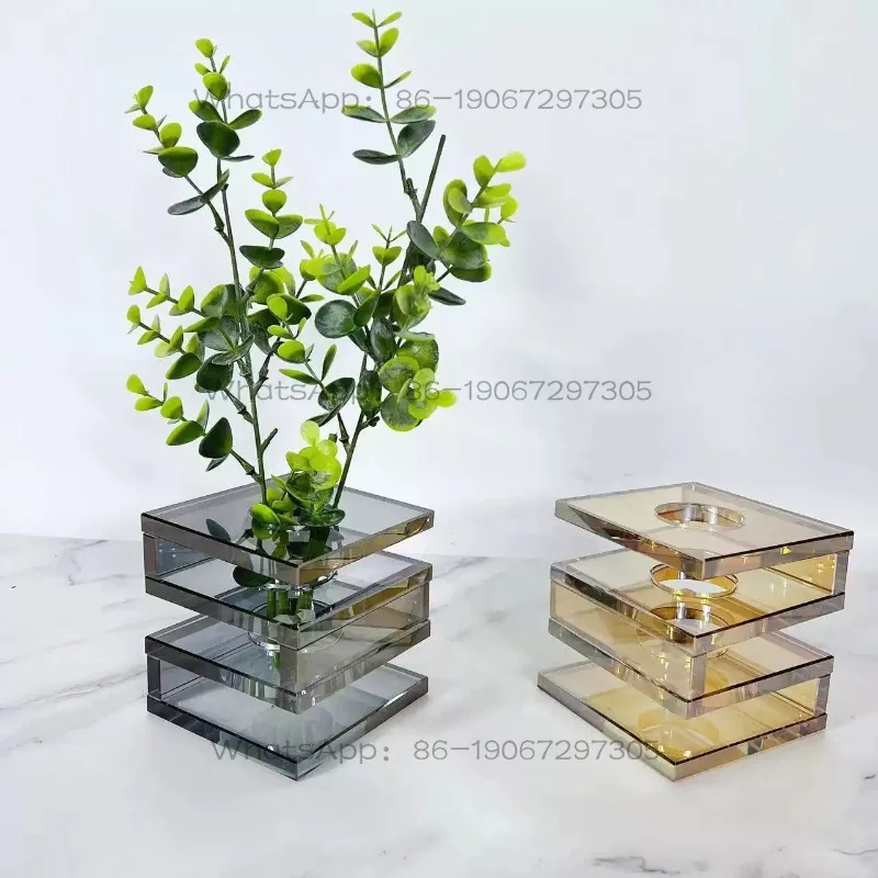 Modern Simple Square Soot Brown Geometric Glass Vase Home Living Room Decoration