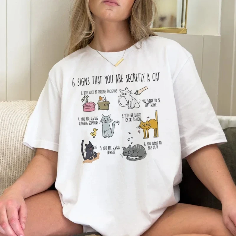 Camisetas con estampado de dibujos animados Kawaii para mujer, Camiseta holgada de manga corta, playera con estampado de gato para mujer