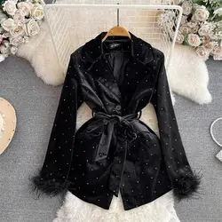 Autunno e inverno moda caldo diamante velluto Blazer donna pelliccia impiombata cappotto monopetto celebrità giacca nera Top Z3704