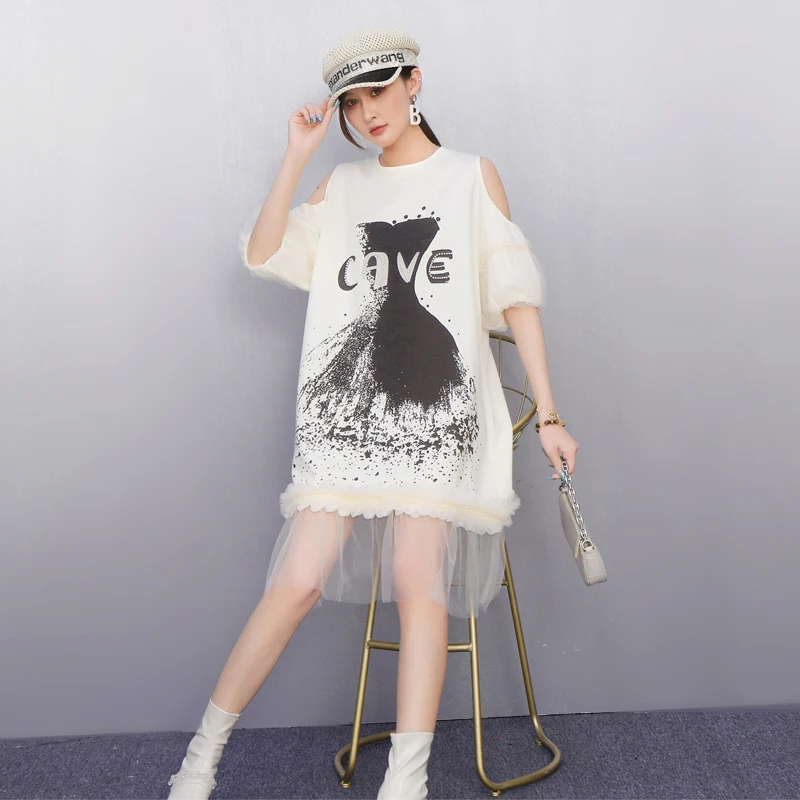 2025 Summer New Elegant Women Loose O-Neck Mesh Off Shoulder T-shirts Long Dresses Ladies Short Sleeve Dress Wholesale J1229