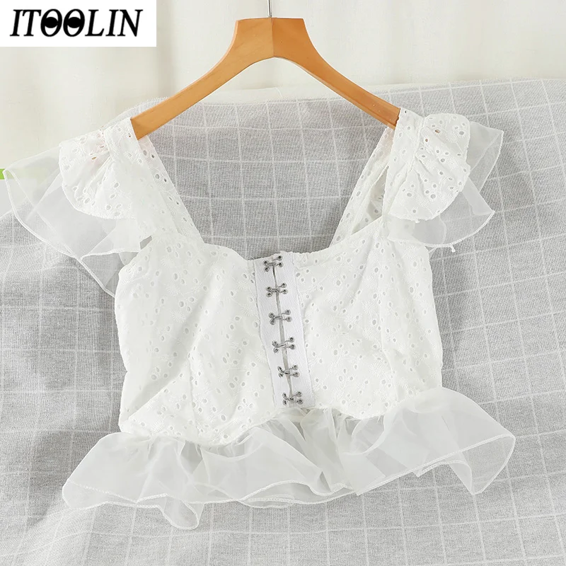 ITOOLIN Women Women Ruffle Tops Embroidery Eyelet Sweet Tank Tops Front Hook&Eyes Placket Ruffle Sleeve Crop Tops