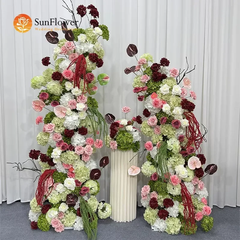 Red Pink Green Artificial Flower Arrangement Set Wedding Backdrop Stand Decorative Floral Row for Event Party