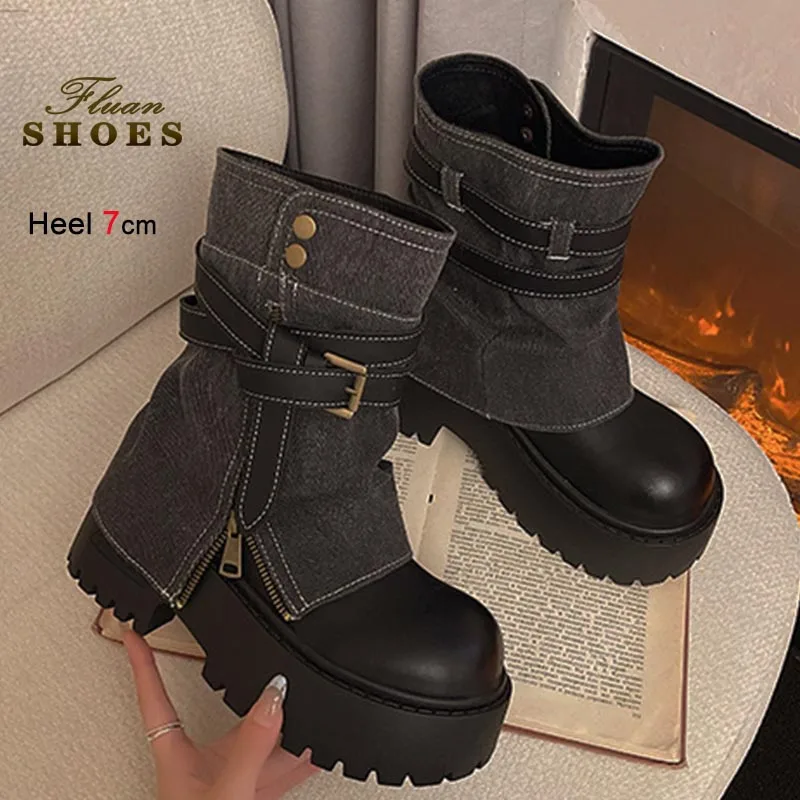 

Autumn New 7VM Thick Soled Short Boots Women Height Increase Casual Shoes Fashion Leather Buckle Coarse Heel Ladies Ankle Boots