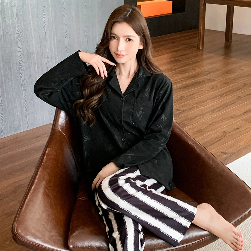 

Pajama Sets Light Blue Women Fall Trimmed Detail Sleepwear Festival Theme Night Set Tie Front Three Quarter Sleeve Full Length