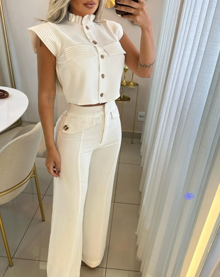 Women\'s Elegant Two Piece Set Work Clothing Striped Frill Hem Stand Collar Cap Short Sleeve Button Top and Flap Detail Pants Set